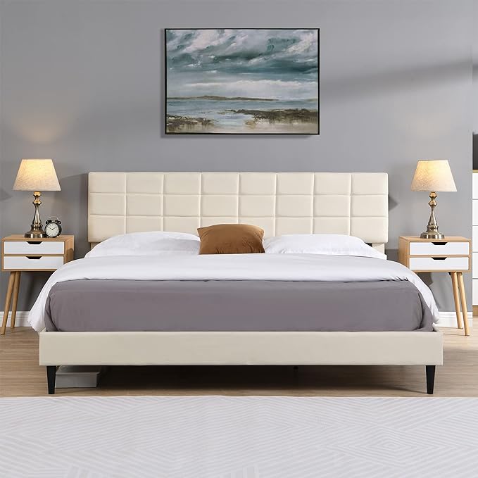 Queen Size Platform Bed Frame with Fabric Upholstered Headboard