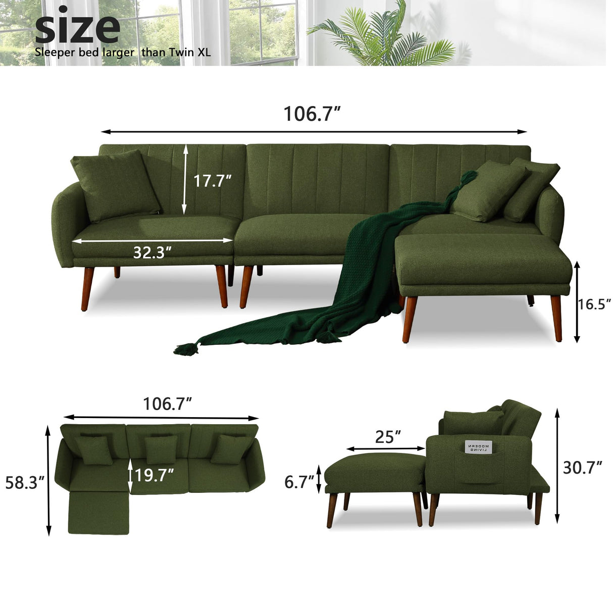 jamege Sectional Couch Sofa Bed, L-Shaped Linen Fabric Sofa Sleeper with Reclining Backrest and Removable Ottoman for Apartment Living Room