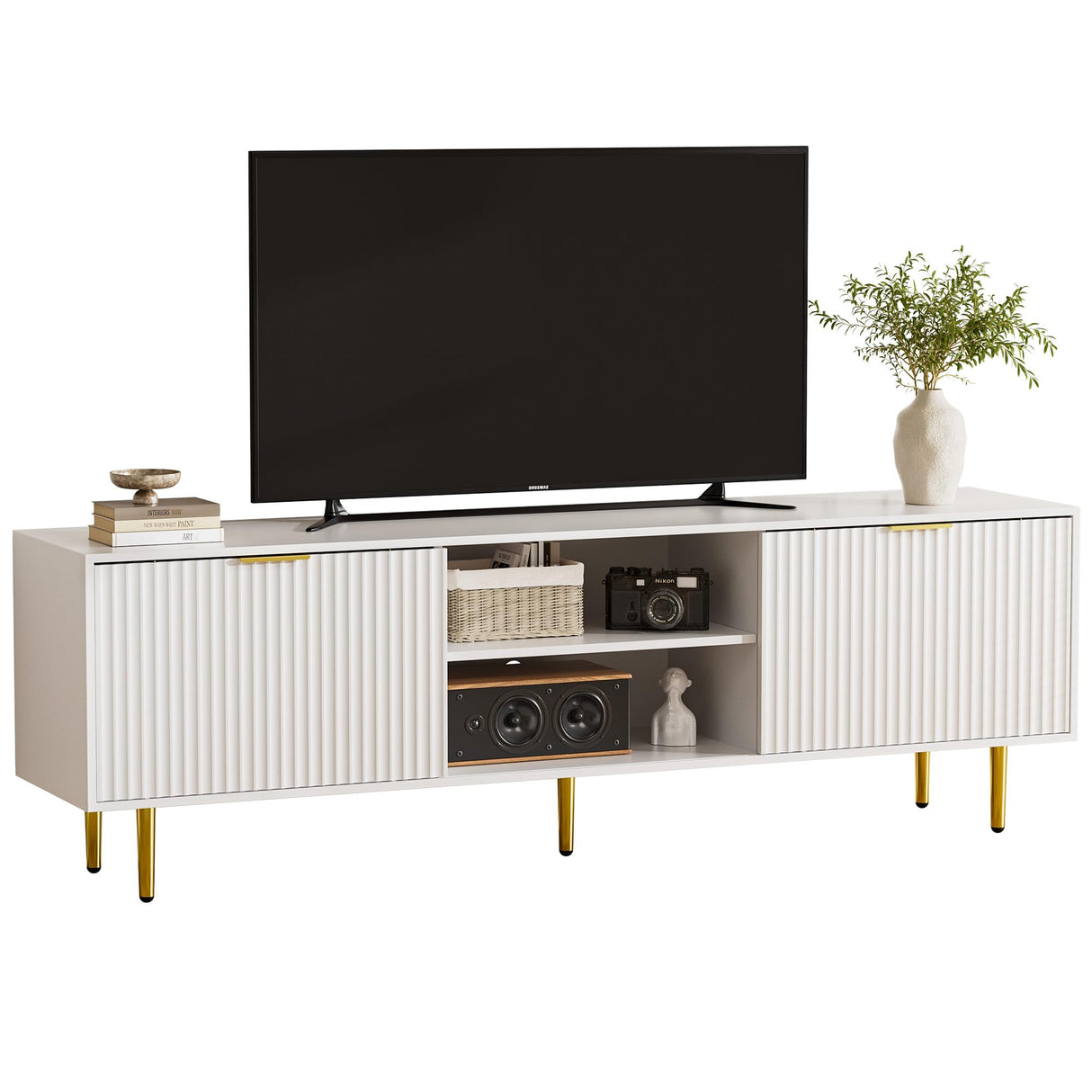 TV Stand for 75 Inch TV, Fluted TV Stands with Sliding Doors
