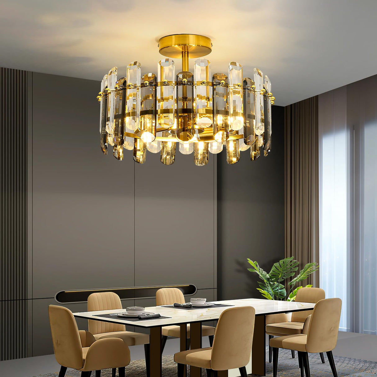 Light Crystal Ceiling Light Fixture Modern Gold Semi Flush Mount Ceiling Light Metal Close