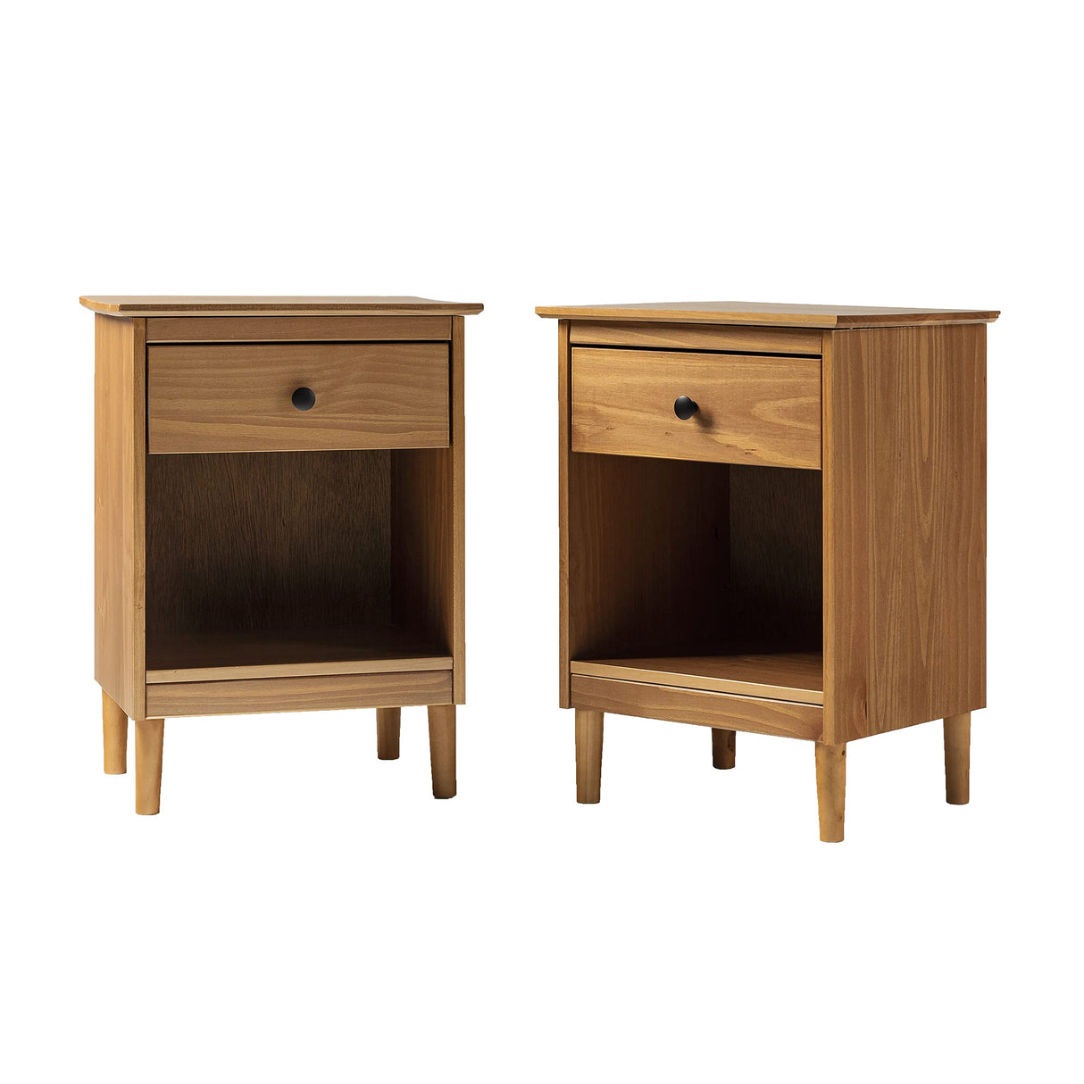 Russ Mid Century Modern 1-Drawer Solid Wood Nightstand Set, Caramel