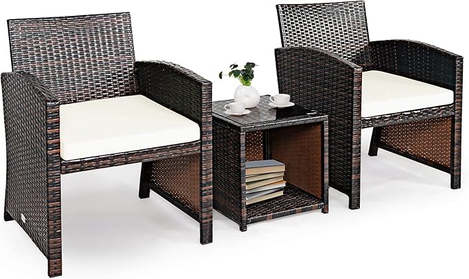 3-Piece Outdoor PE Rattan Furniture Set, Patio Conversation Set w/Chair & Storage Coffee Table
