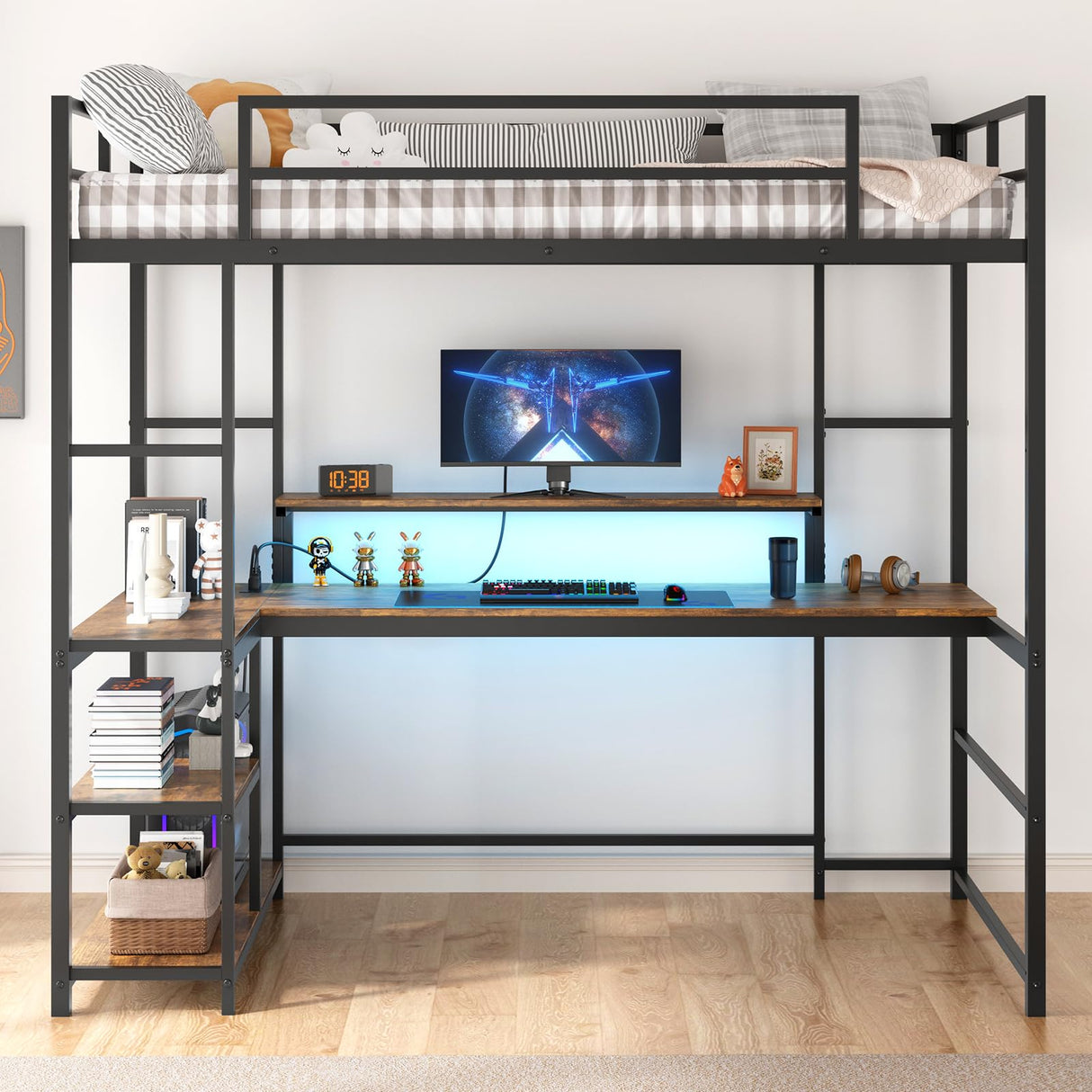 Twin Loft Bed with Large Desk and LED Lights, Metal Loft Bed with Ladder and Safety Guardrails for Adults, Teens, and Kids in Bedrooms, Apartments, and Dormitories