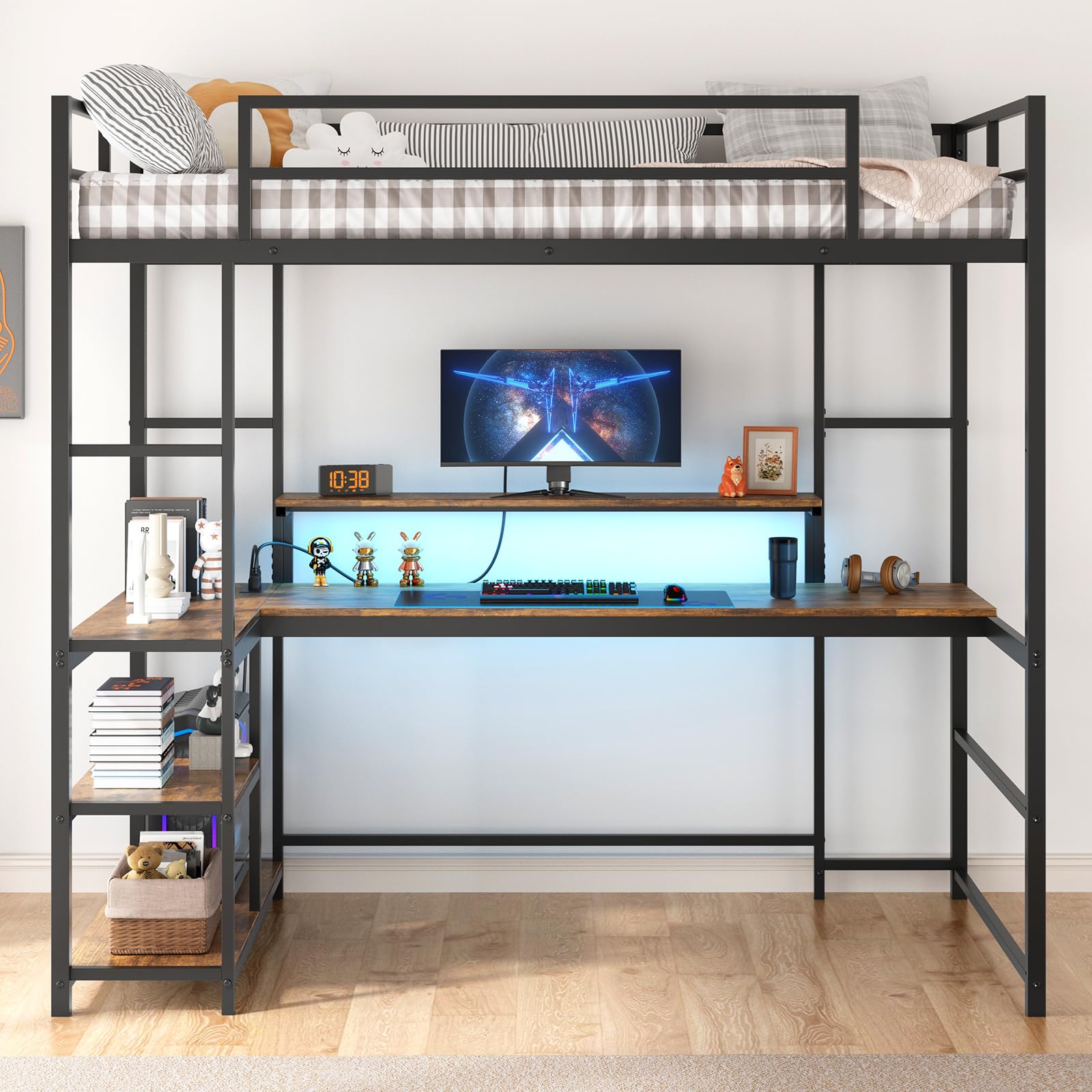 Twin Loft Bed with Large Desk and LED Lights, Metal Loft Bed with Ladder and Safety Guardrails for Adults, Teens, and Kids in Bedrooms, Apartments, and Dormitories