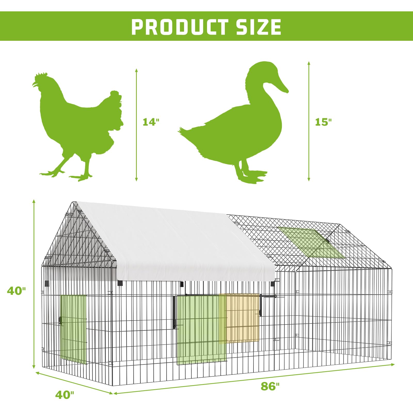 Metal Chicken Coop 86"×40"×40" Chicken Run with Waterproof Cover Portable Poultry Cage Walk in Hen House