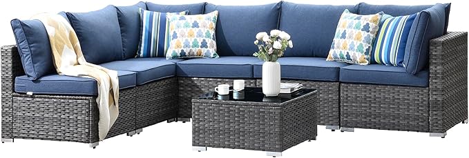 7-Piece Outdoor Wicker Patio Furniture Set with Cushions and Glass Coffee Table