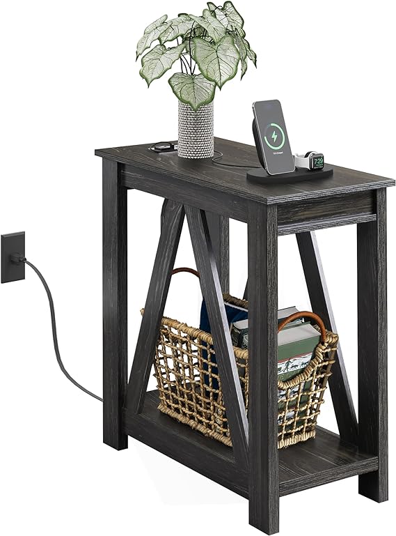 Narrow End Table with Charging Station of Open Storage Shelf,Sofa Side Table
