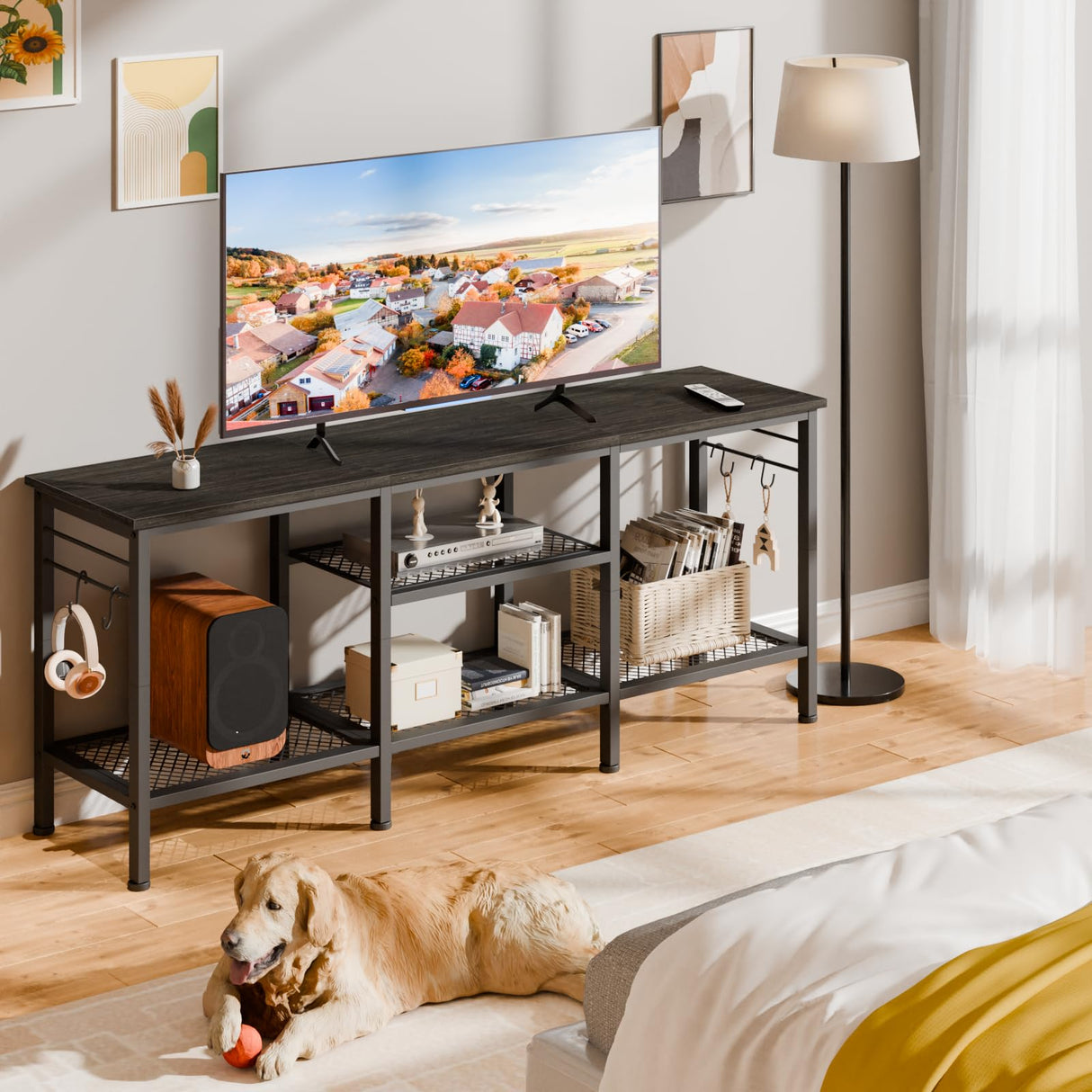 TV Stand for TVs up to 55 Inch, Entertainment Center with Open Storage Shelves