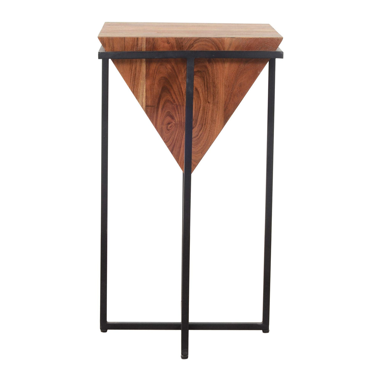 26-Inch Pyramid Shape Wooden Side Table with Cross Metal Base, Brown and Black