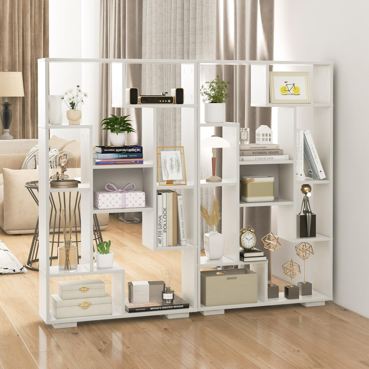 47" Bookshelf Set of 2, Modern Wooden Geometric Bookcase with Open Shelves, Anti-Tipping Kits, Wood Book Case Shelf, Open Cube Storage Organizer Display Rack for Living Room, White