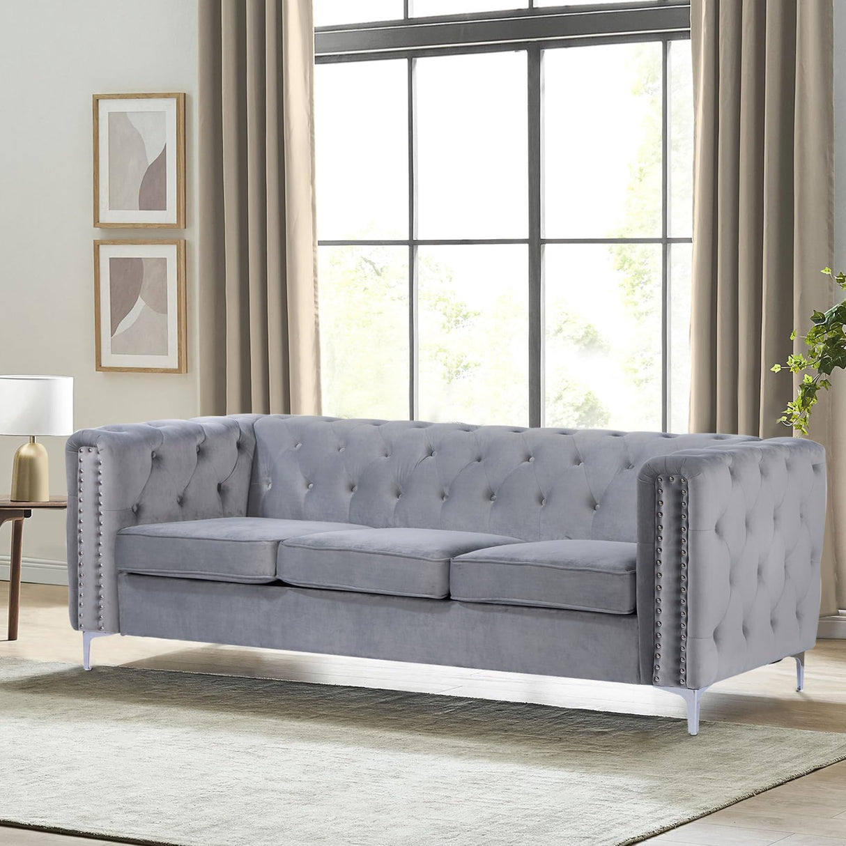 3 Pieces Velvet Tufted Sofa Set with Thick Padded Seat Cushion