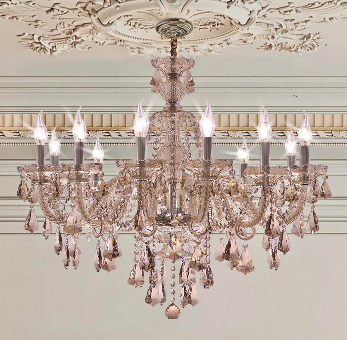 Cognac 12 Lights K9 Crystal Chandelier Modern Luxurious Light Candle