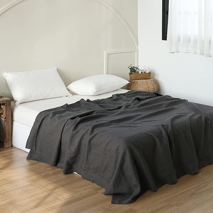 French Linen Flat Sheet with Embroidered Border-100% Stone Washed Flax Bedding,