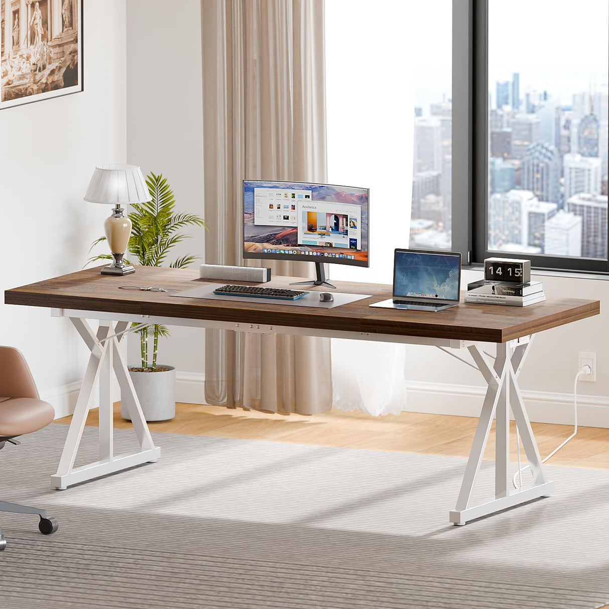 BEVAURORA 70.8-Inch Executive Desk with Power Outlet, Large Office Desk, Long Home Office Table, Big Writing Computer Tbale, Modern Work from Home Desk Office Furniture for Laptop, White