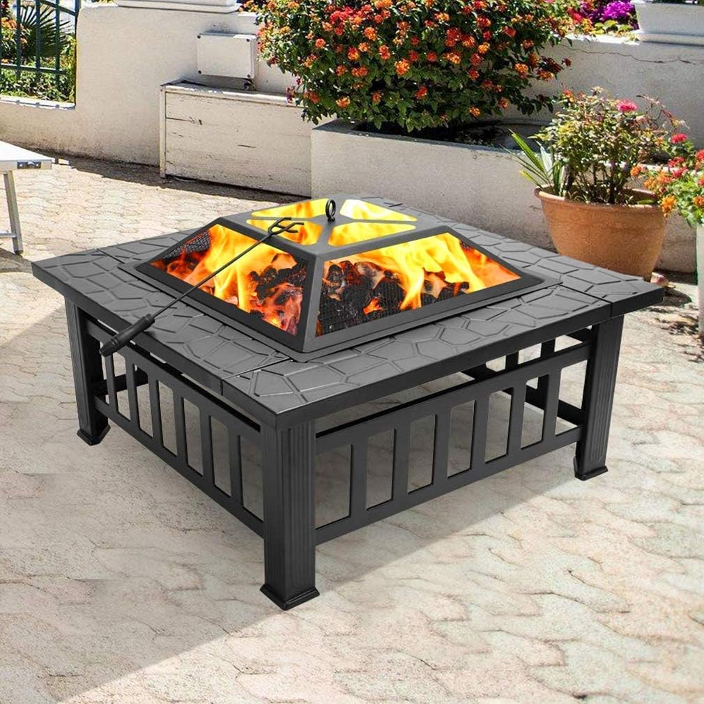 Fire Pit, 32” Outdoor Metal Fire Pit Table with Durable Steel Frame
