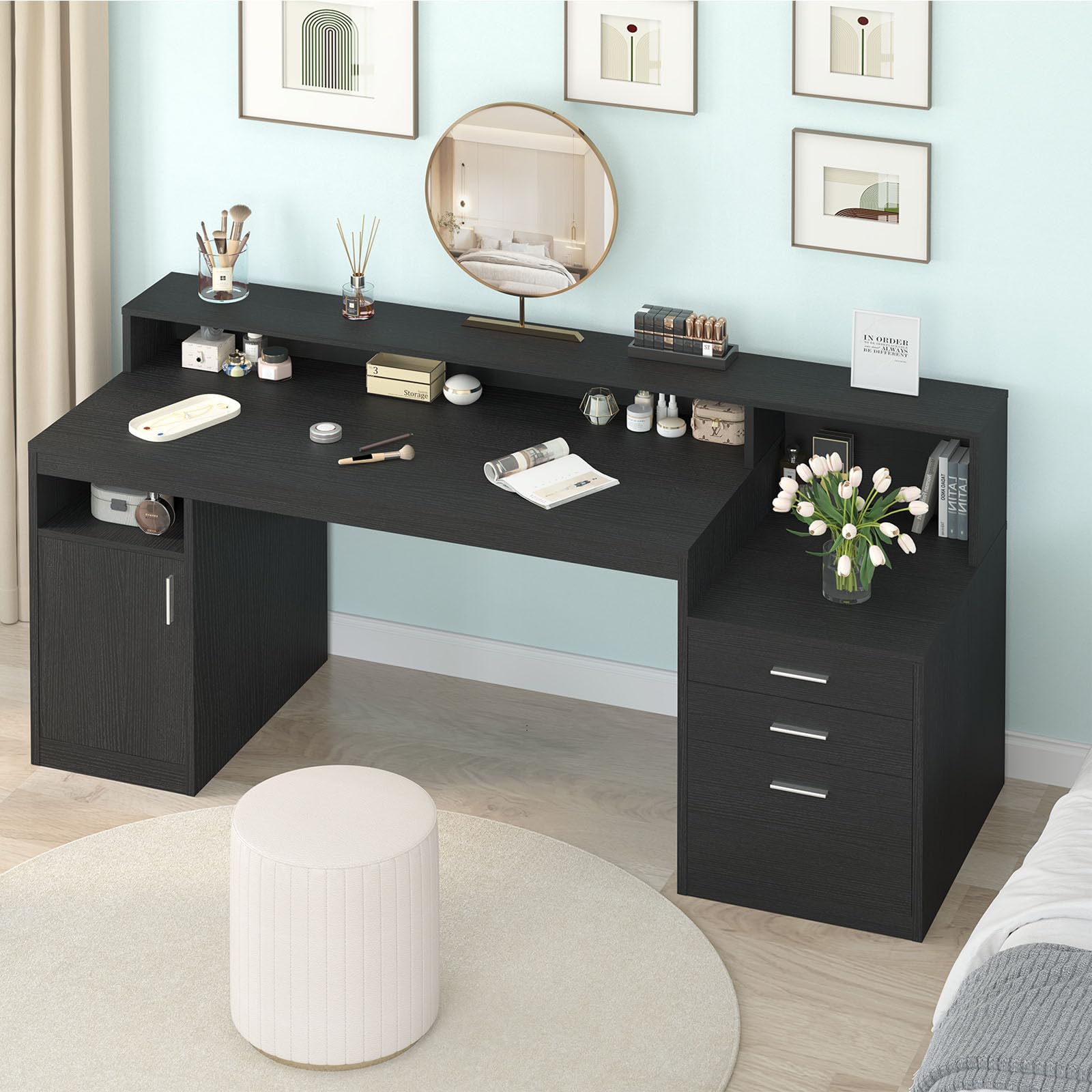 YOMILUVE Computer Desk with 3 Drawer & Storage Shelves, Home Office Desk with File Drawer & Cabinet, Writing Study Table with Long Monitor Stand & Printer Shelf, Executive Workstation