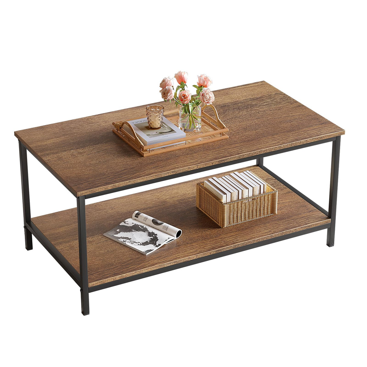 Coffee Table with Storage 2-Tier Industrial Center Table for Living Room
