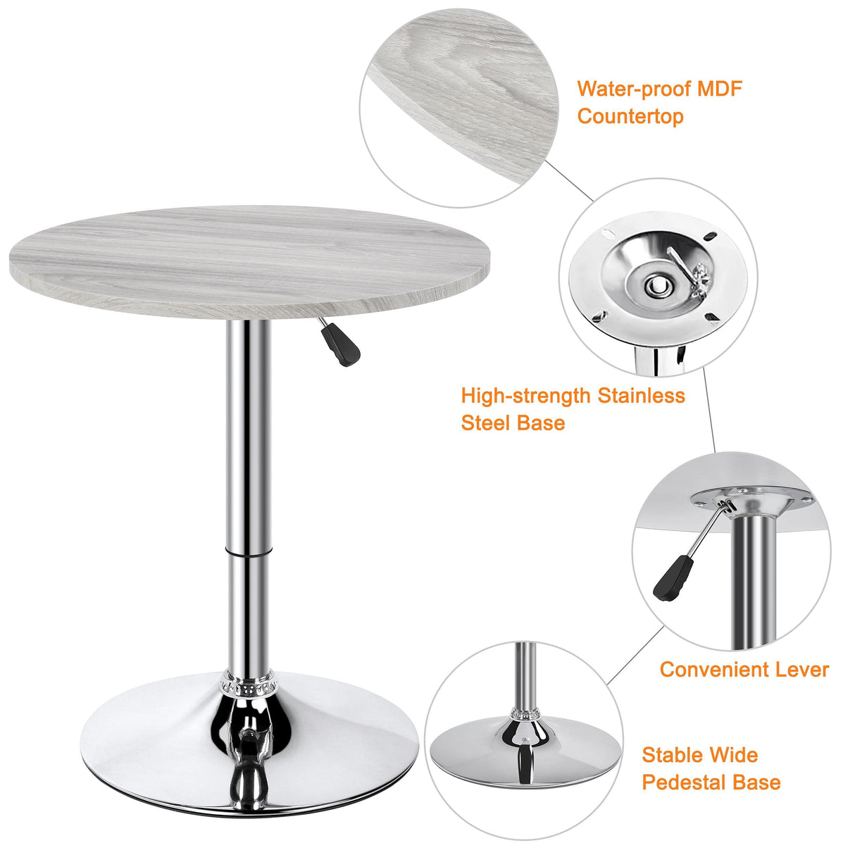 Round Pub Table Height Adjustable with 360 Swivel MDF Tabletop
