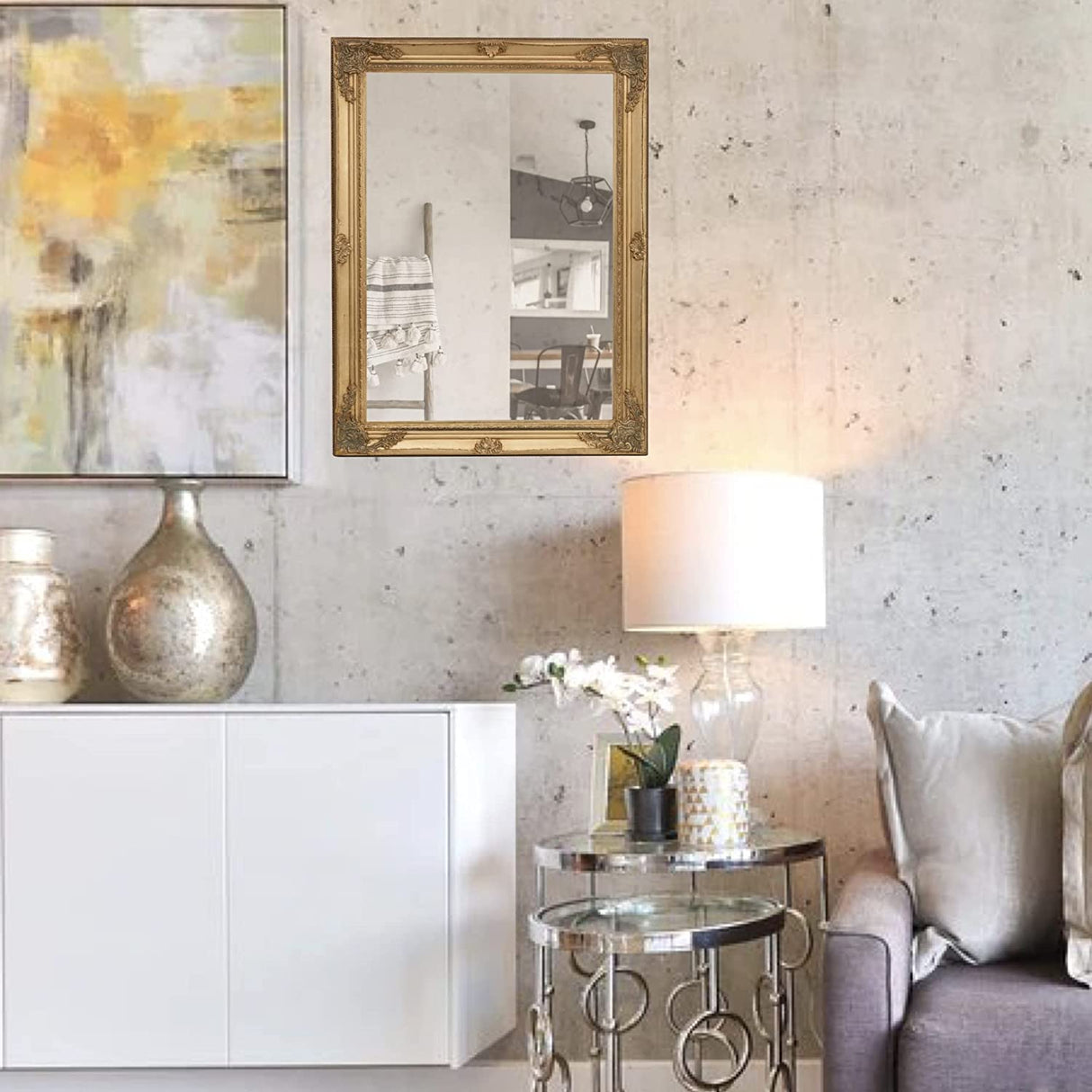 Wall Mirror Bathroom and Bedroom 64 x 84 x 5 cm – Wall Entrance Mirror with Hooks – Gold Mirror