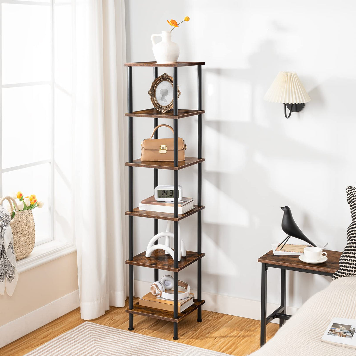 6-Tier Corner Shelf, Corner Square Rack Display Shelf, Tall Storage Rack Plant Stand, Corner Bookcase for Small Spaces, Living Room, Home Office, Kitchen, Rustic Brown and Black BF55CJ01