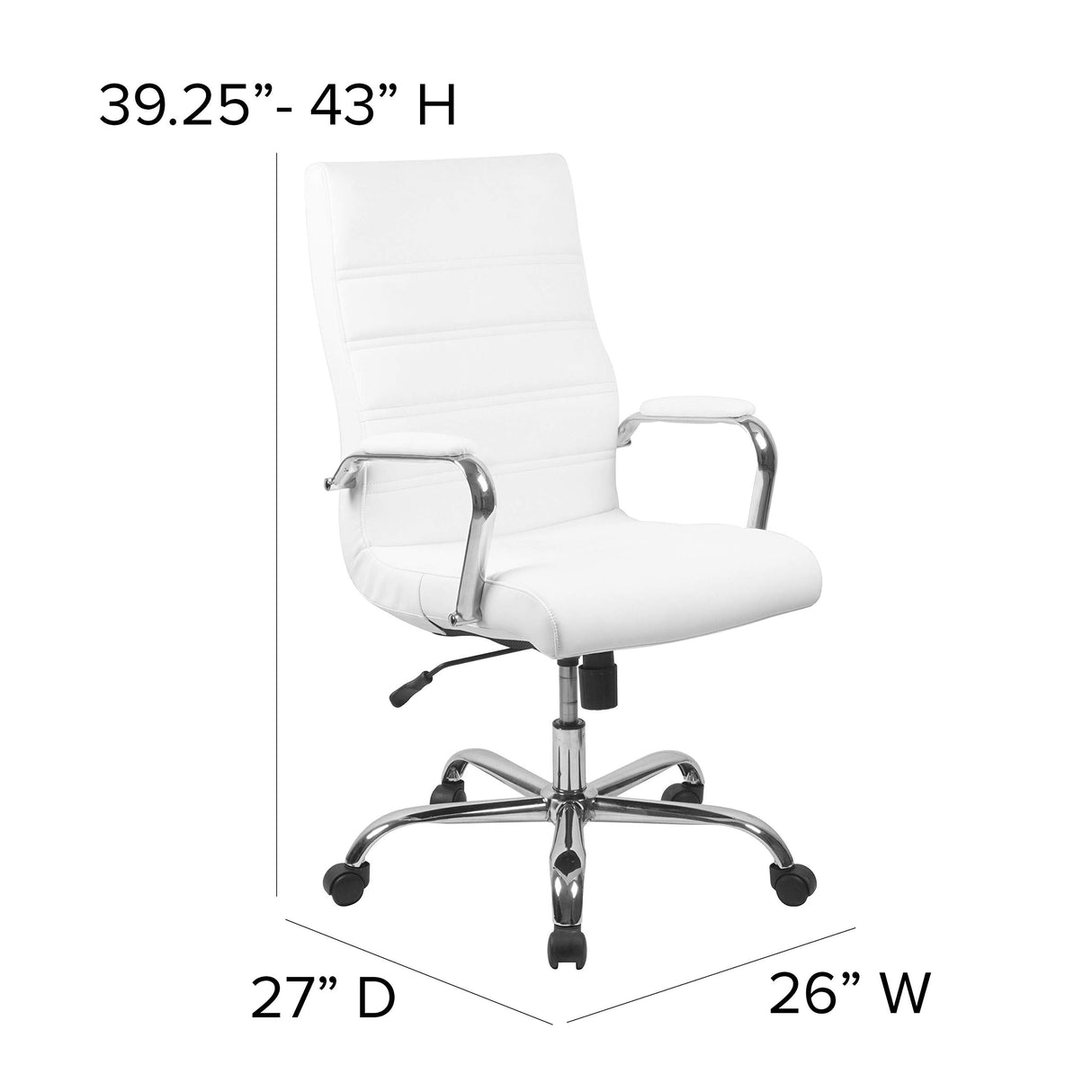 -Back Swivel LeatherSoft Desk Chair with Padded Seat and Armrests, Adjustable Height Padded Office Chair, White/Chrome