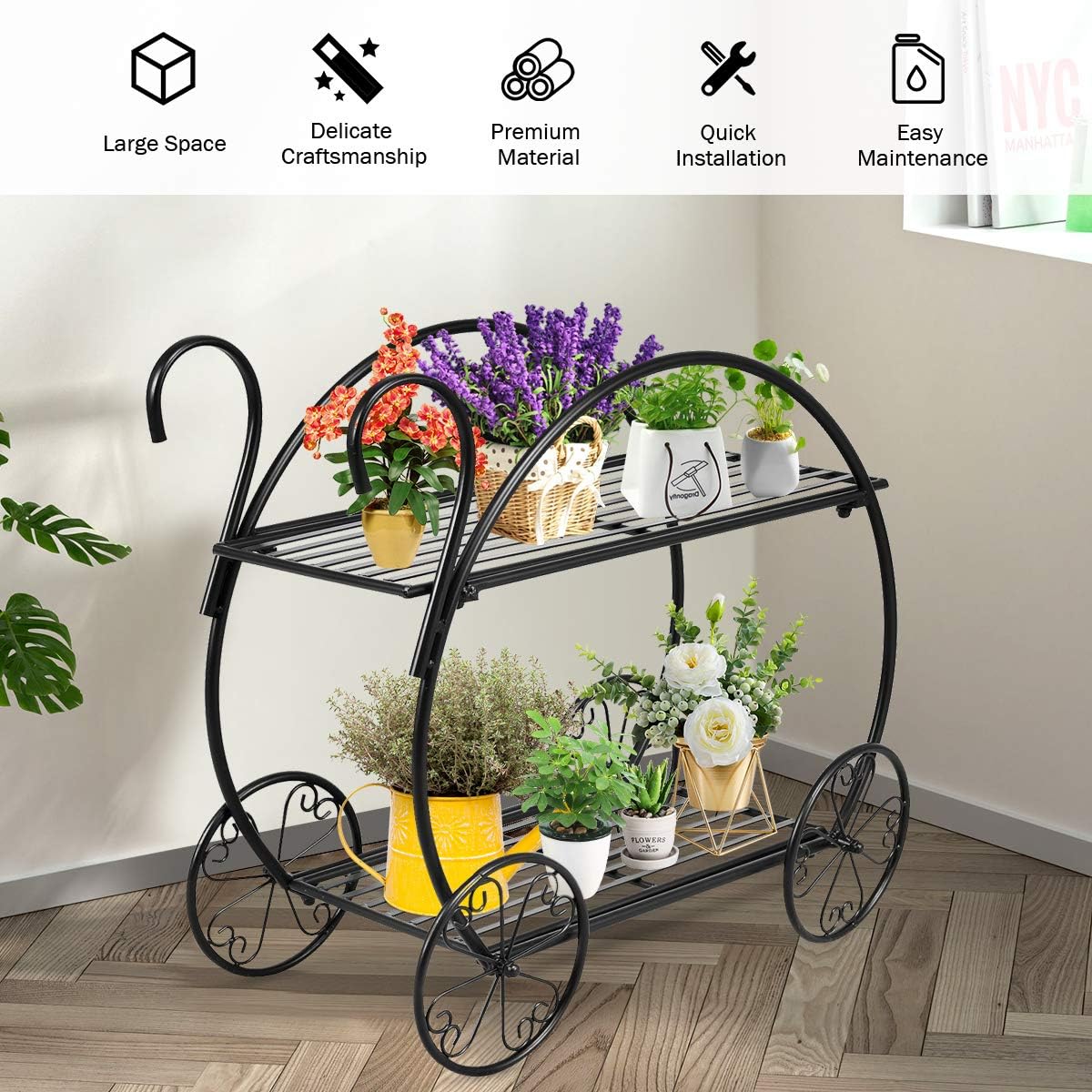 Elegant 2-Tier Garden Cart with Decorative Wheels
