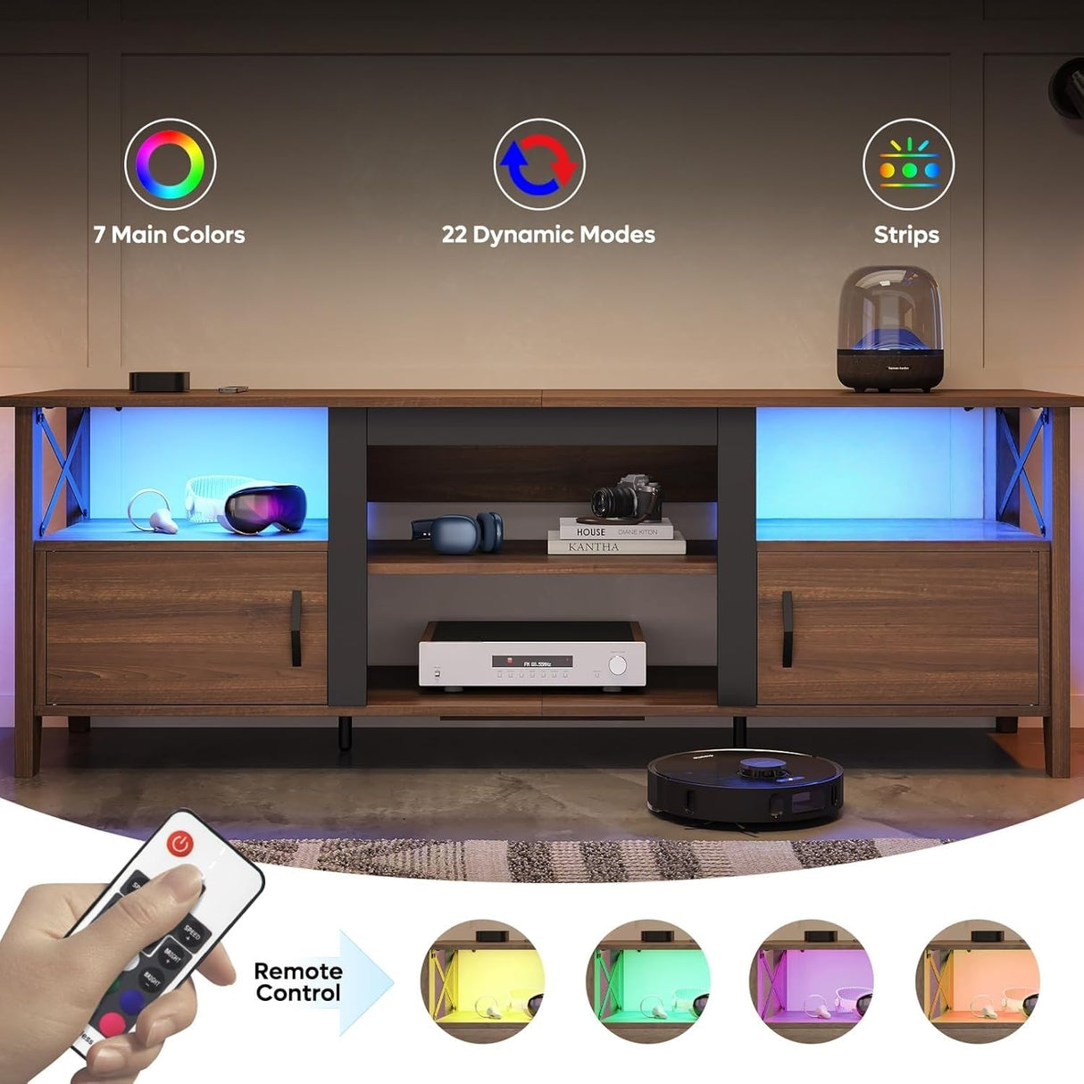 Farmhouse TV Stand for 70 Inch TV with LED Lights - 63 Inch Entertainment Center