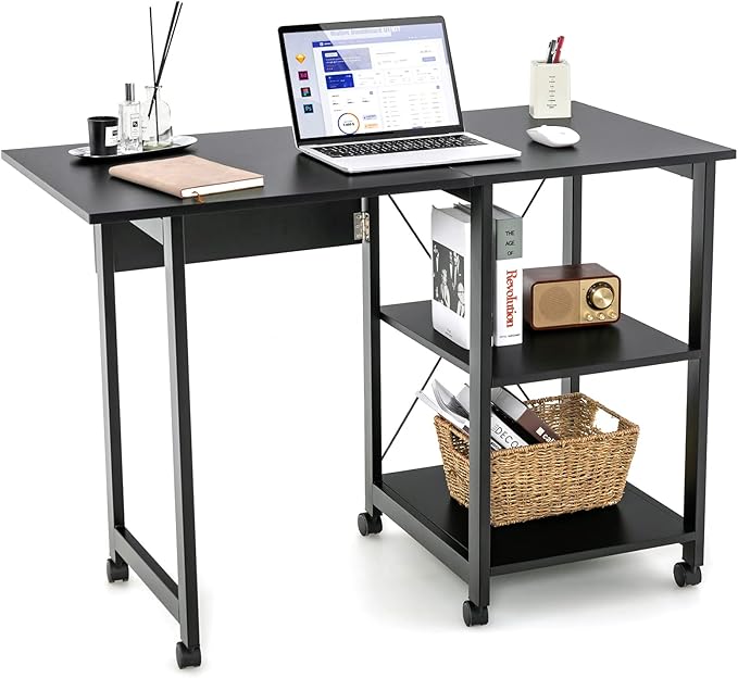 Folding Computer Desk, Modern Writing Table w/ 2-Tier Storage Shelves