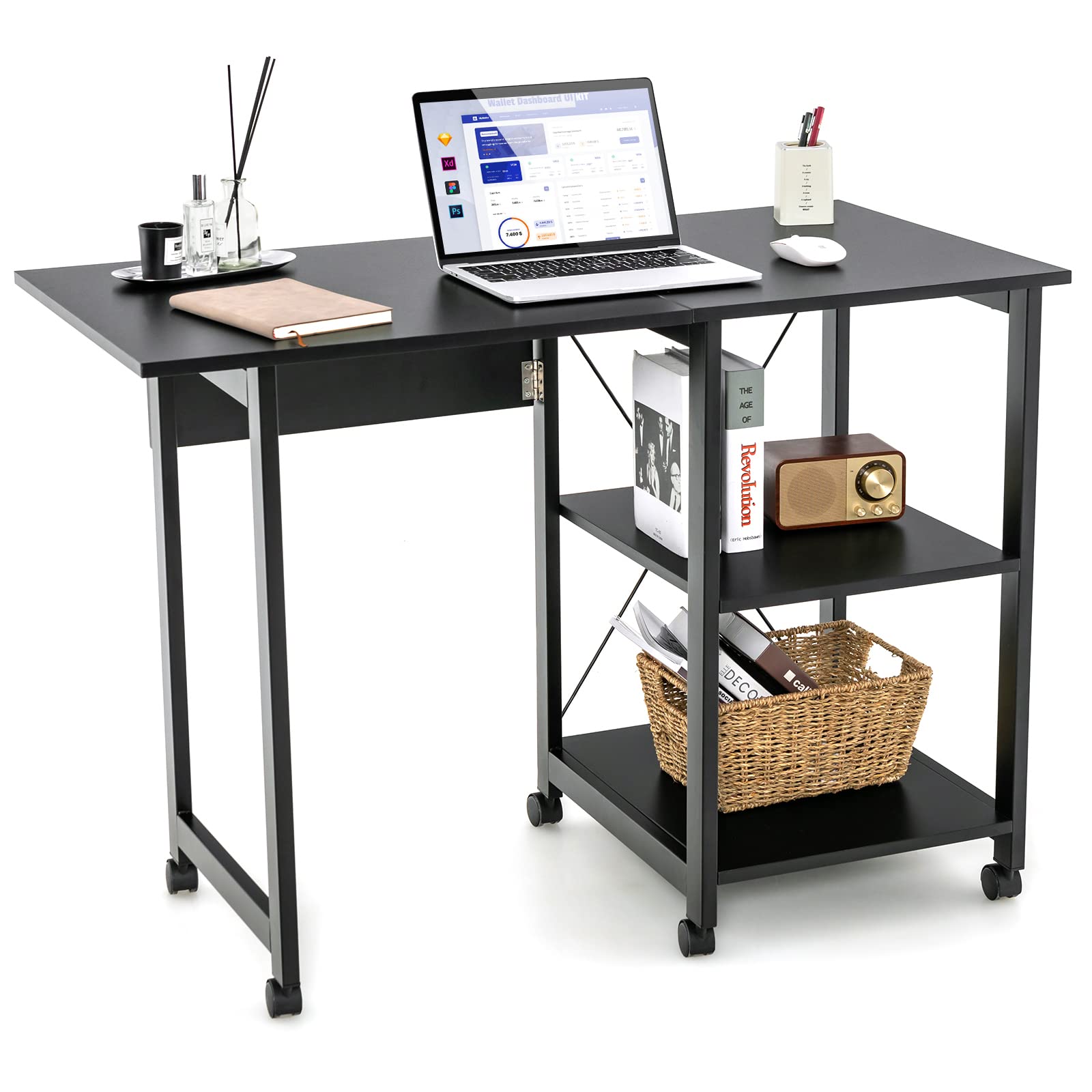 Folding Computer Desk, Modern Writing Table w/ 2-Tier Storage Shelves