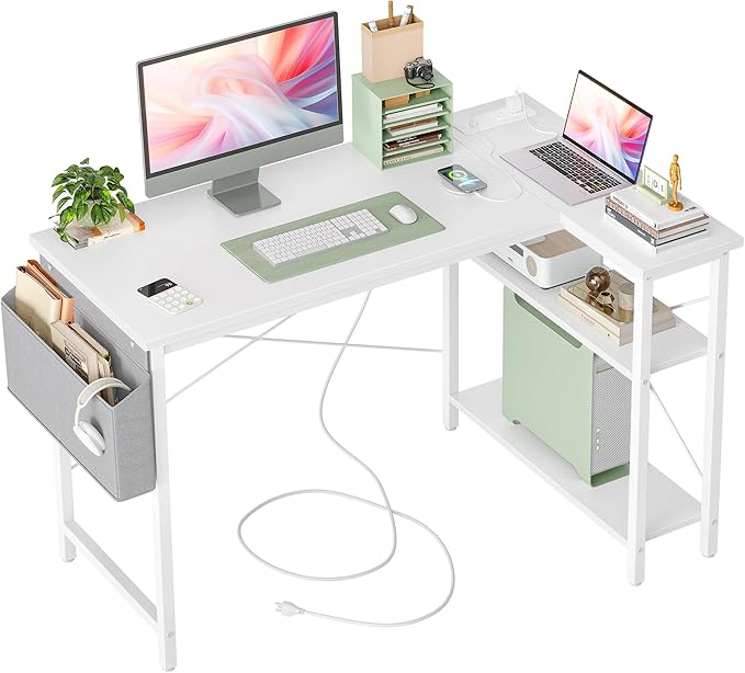 Small Computer Desk with Power Outlets, 40 Inch L Shaped Desk with Reversible Shelves