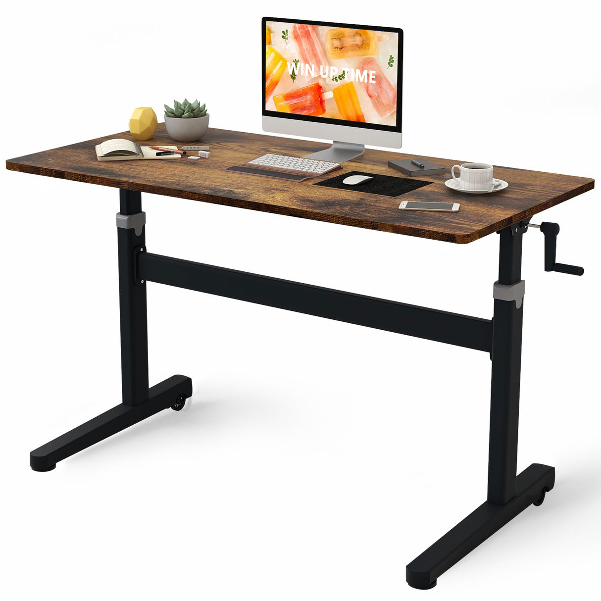 Manual Standing Desk Adjustable Height- Crank Mobile Standing Desk 48 x 24 Inches Sit Stand Desk Frame & Top, Stand Up Desk on Wheels, Computer Desk Black Frame & Rustic Brown