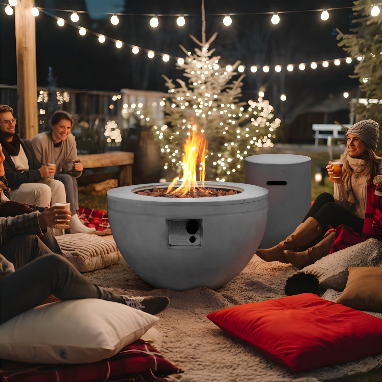 lovamsal Round Propane Fire Pit Table,30 Inch Outdoor Fire Pit Table Set w Tank Cover,2 - Piece 40,000 BTU Modern Gas Fireplace for Patio w Lava Rocks/Rain Cover, for Backyard & Deck - Bircata