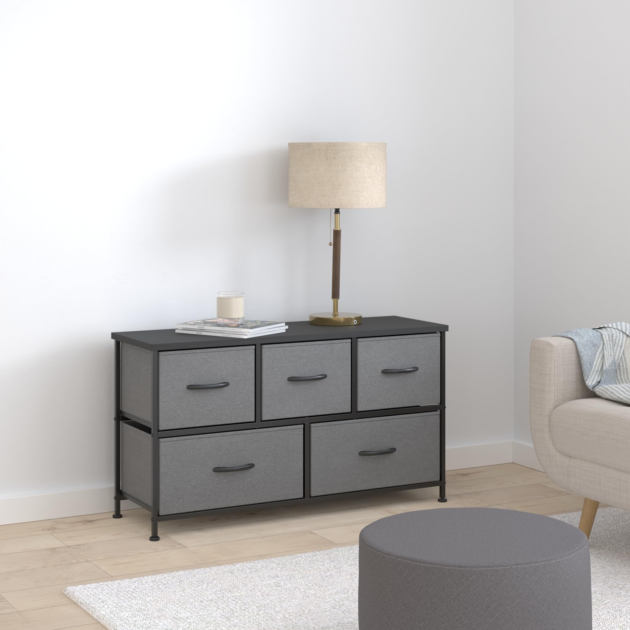 Bedroom 5 Fabric Drawers Dresser Clothes Cabinet Storage Organizers and Wood Top