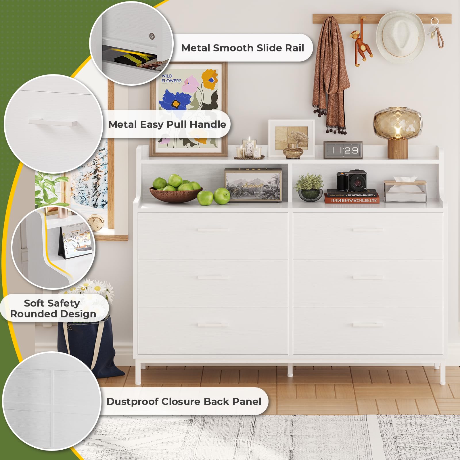 6 Drawers Double Dresser with Shelves, Large Wooden Storage Tower Organizer