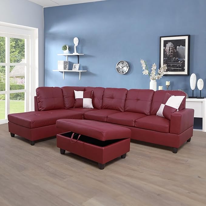 Sectional Set L Shape Couch, Faux Leather 5-seat Sofa