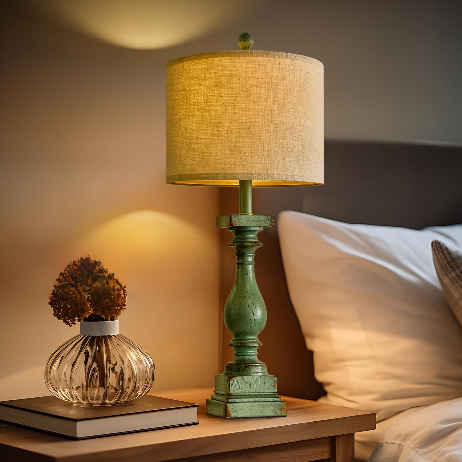 27" Farmhouse Table Lamp Set of 2 with USB A+C for Bedroom Living Room Vintage Rustic