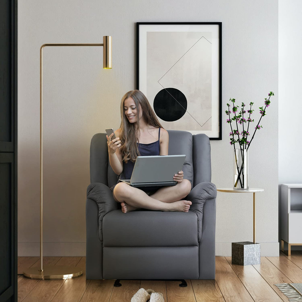 Sereno Glider Recliner Chair – Suede Fabric, Push-Button Recline