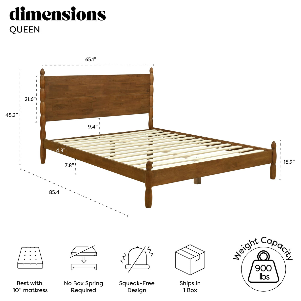 Queen Size Solid Wood Spindle Bed Frame with Four Posts - Walnut Finish