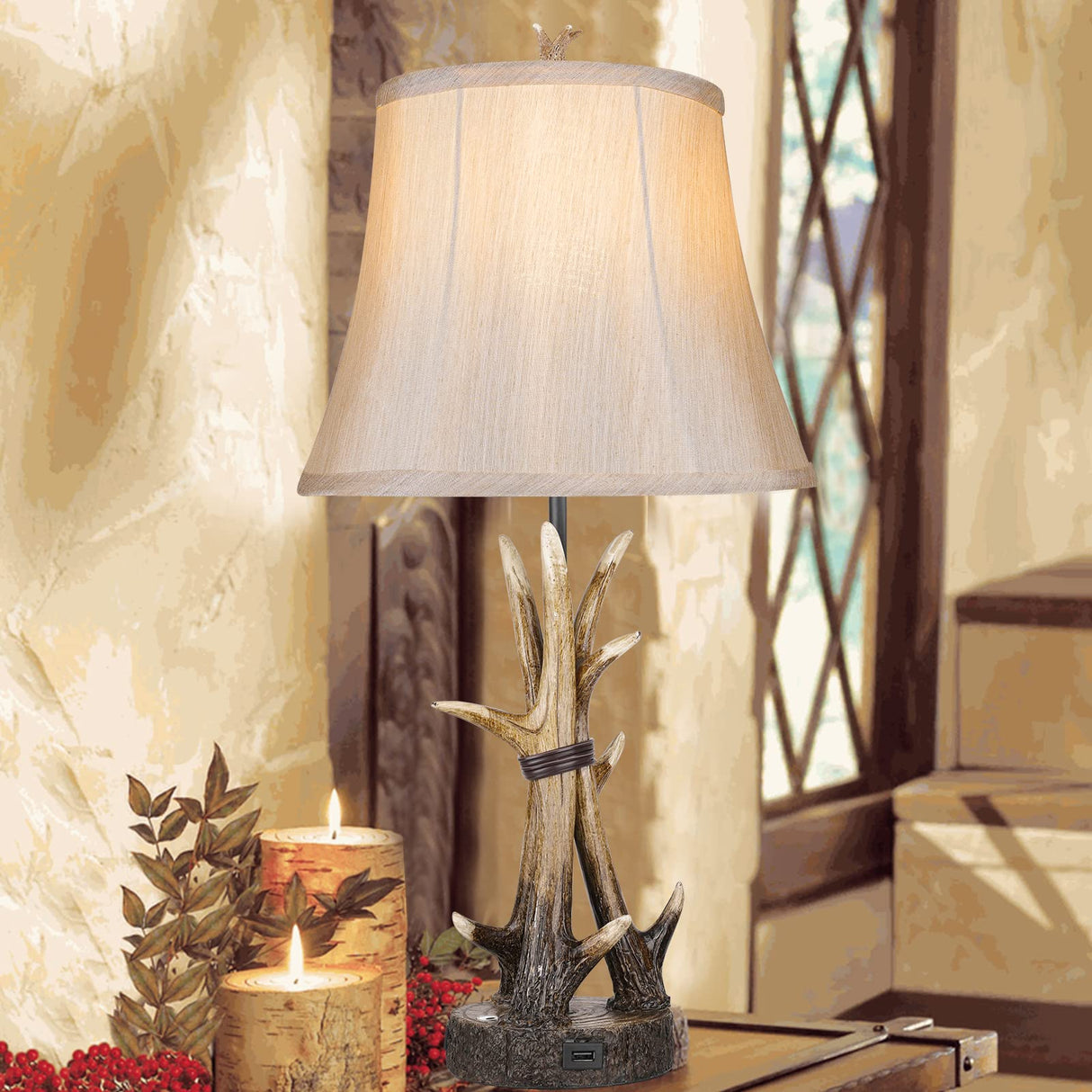 Rustic Antler Table Lamps Set of 2 with USB Charging Ports