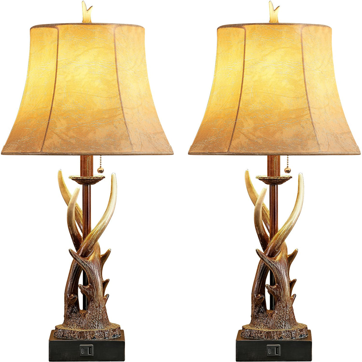 Antler Table Lamps Set of 2 with USB A+C Ports for Bedroom Farmhouse Deer Rustic