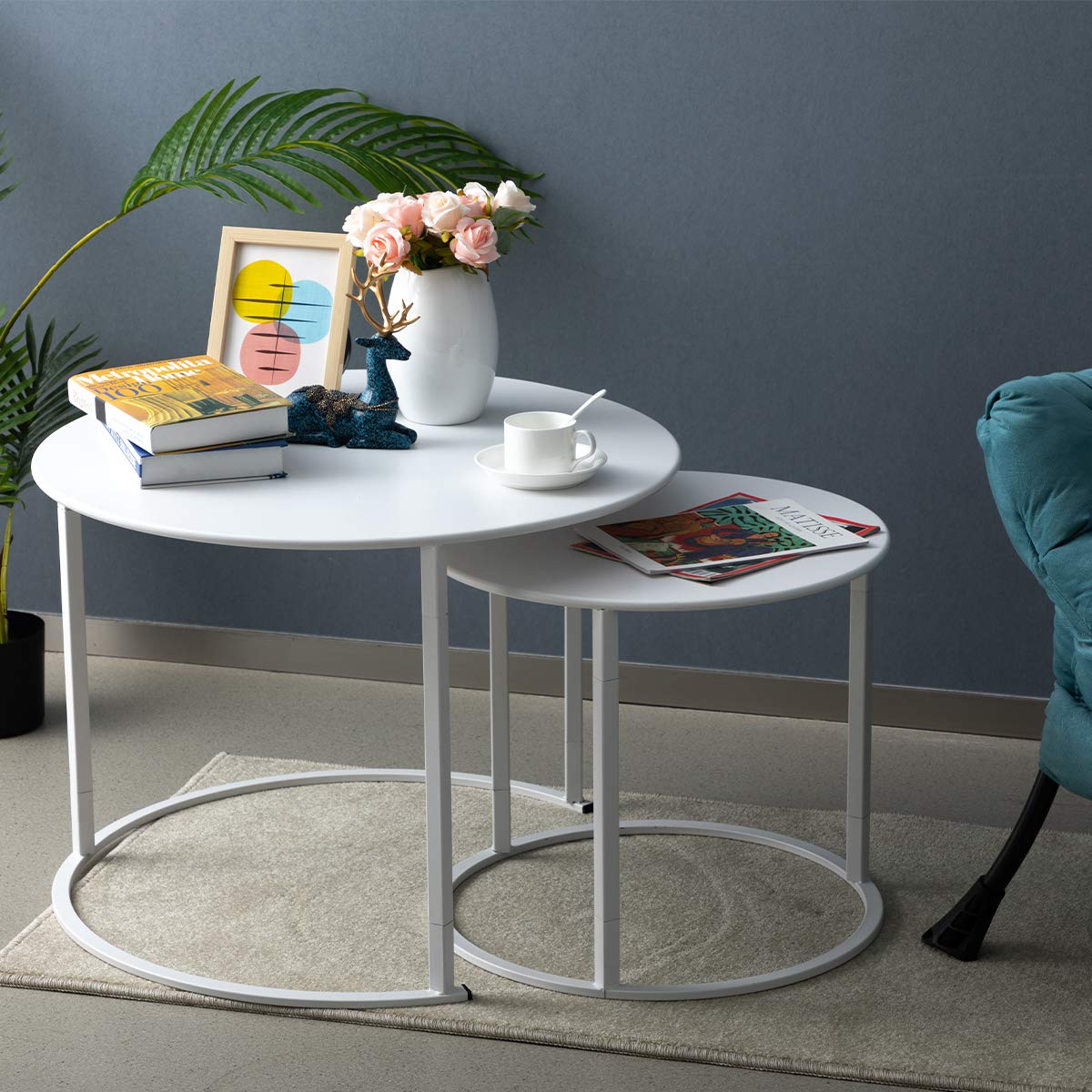Modern Round Side Table Set of 2, Contemporary Accent Coffee and Snack Mental End Table