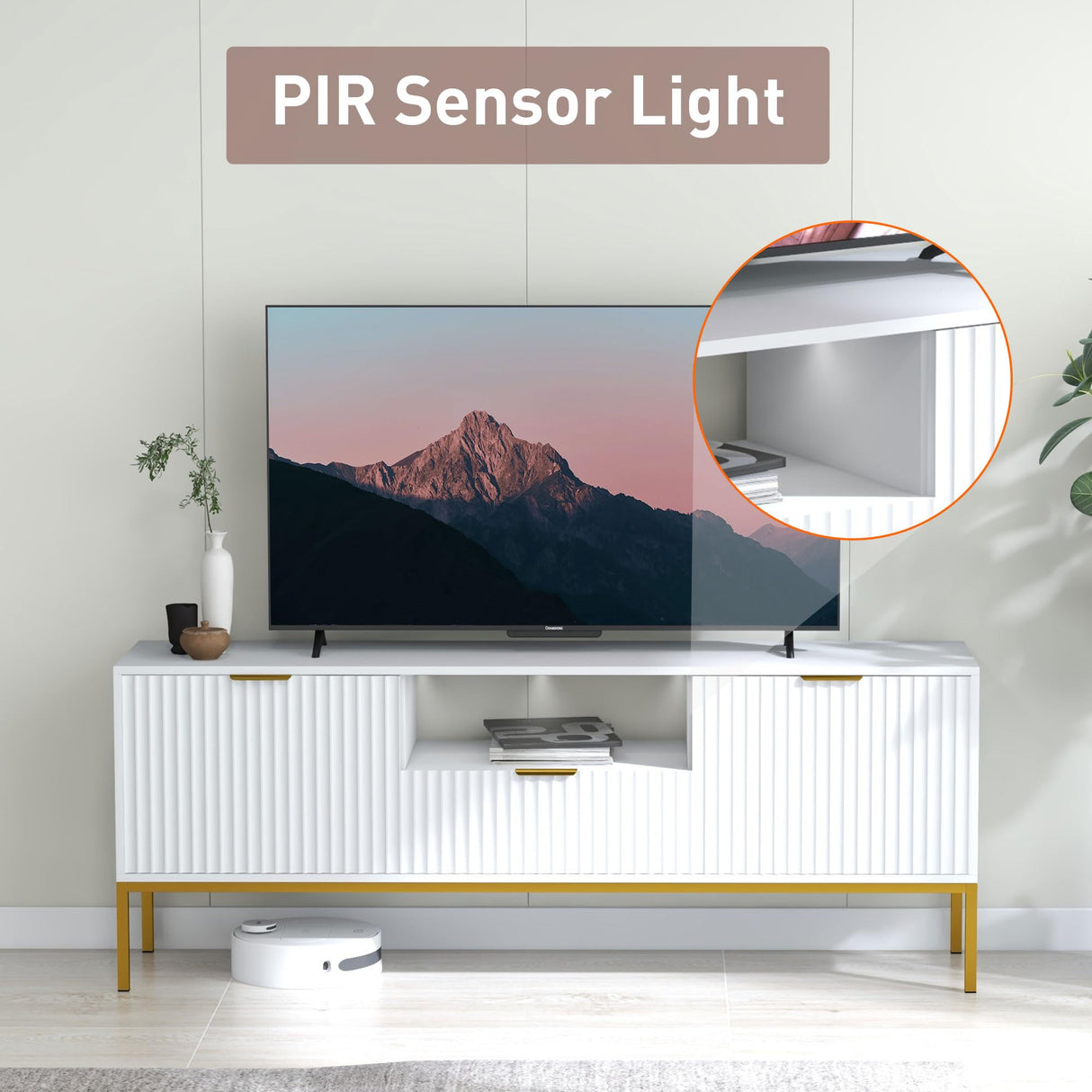 60" White TV Stand with PIR Sensor Light, Modern Media Console for 55/60/65 inch TV, Entertainment Center