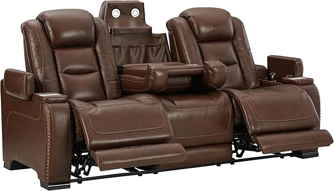The Man-Den Leather Power Reclining Loveseat with Center Console, Adjustable Headrest