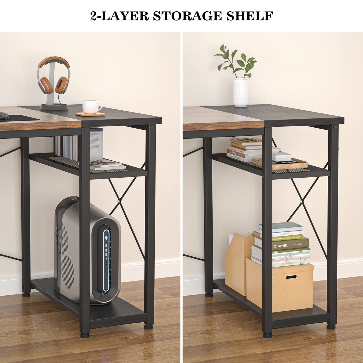 L-Shaped Computer Desk, Industrial Corner Desk Writing Study Table with Storage Shelves, Space-Saving, Large Gaming Desk 2 Person Table for Home Office Workstation, Rustic Brown/Black