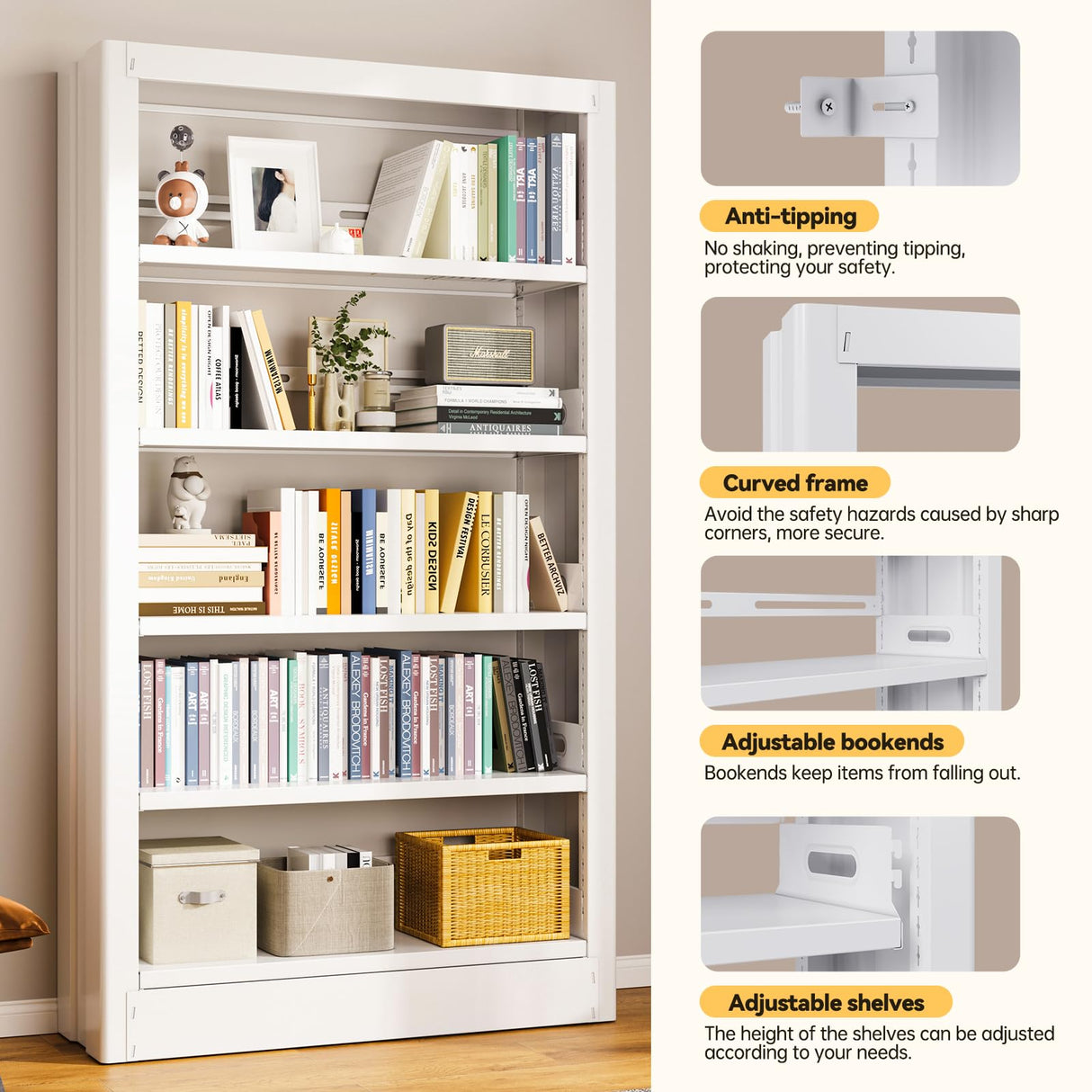 IYANEN 5 Tier Metal White Bookshelf, Heavy Duty Metal Bookcase Including Book Stopper, 71" Tall Bookcase with Adjustable Storage Shelves, Modern Bookshelf for Library, Office, School, Living Room