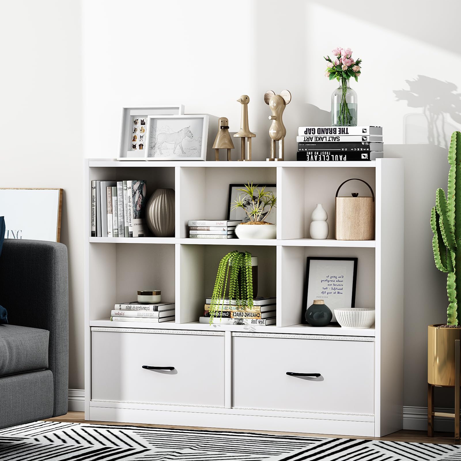 8-Cube Storage Organizer Bookcase with 2 Fabric Drawer