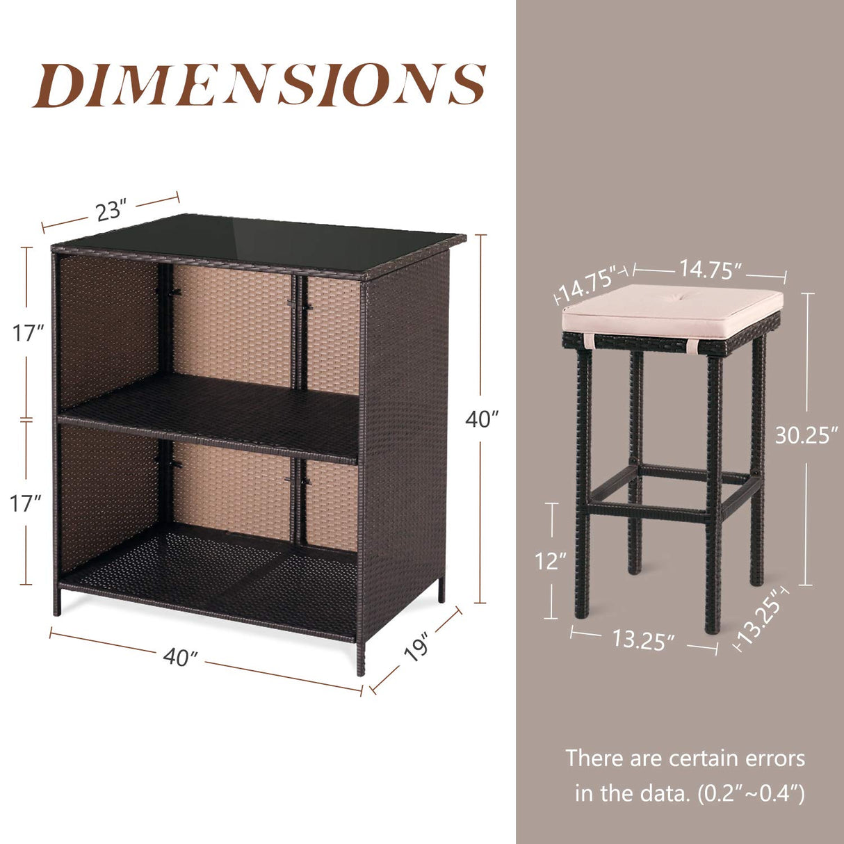 SOLAURA 3-Piece Outdoor Patio Bar Set Black Brown Wicker Bar Table Set Patio Furniture and Two Stools with Cushions for Backyards, Lawn, Garden or Poolside