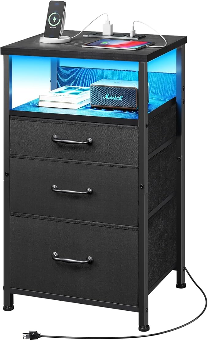 Nightstand with Charging Station, LED Night Stand