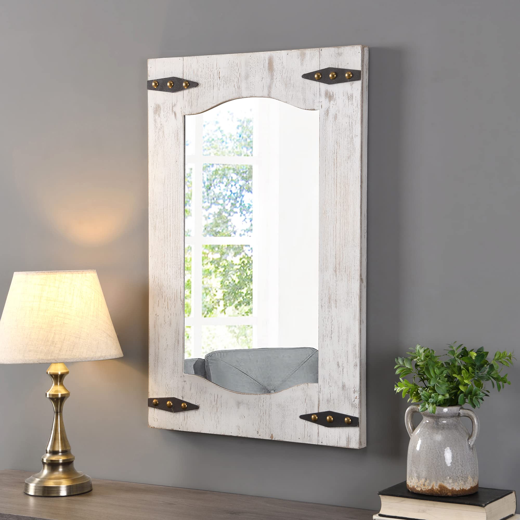 Barn Door Wall Mirror, 33.5"H x 21.5"W, Tan/Ivory Wood