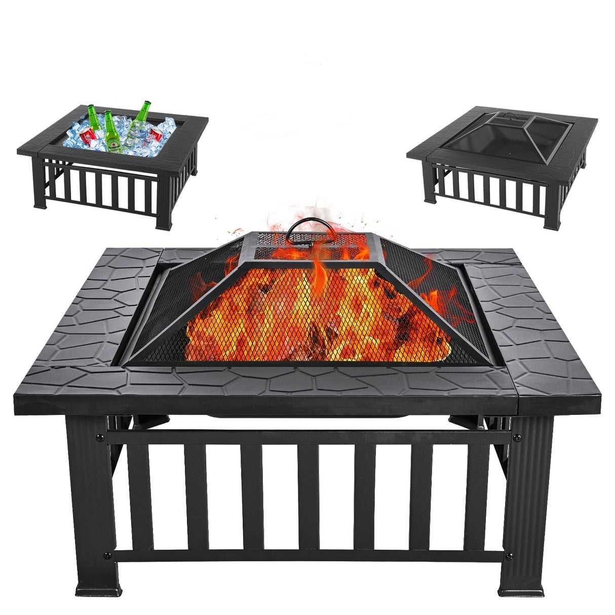 Panovue Multifunctional Fire Pit Table 32 inch Square Metal Firepit Stove Backyard Patio Garden Fireplace for Camping, Outdoor Heating, Bonfire and Picnic - Bircata